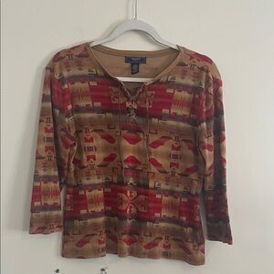 Vintage Chaps Southwestern Top Lace Up Western Aztec Boho Cotton‎ Earthy Autumn